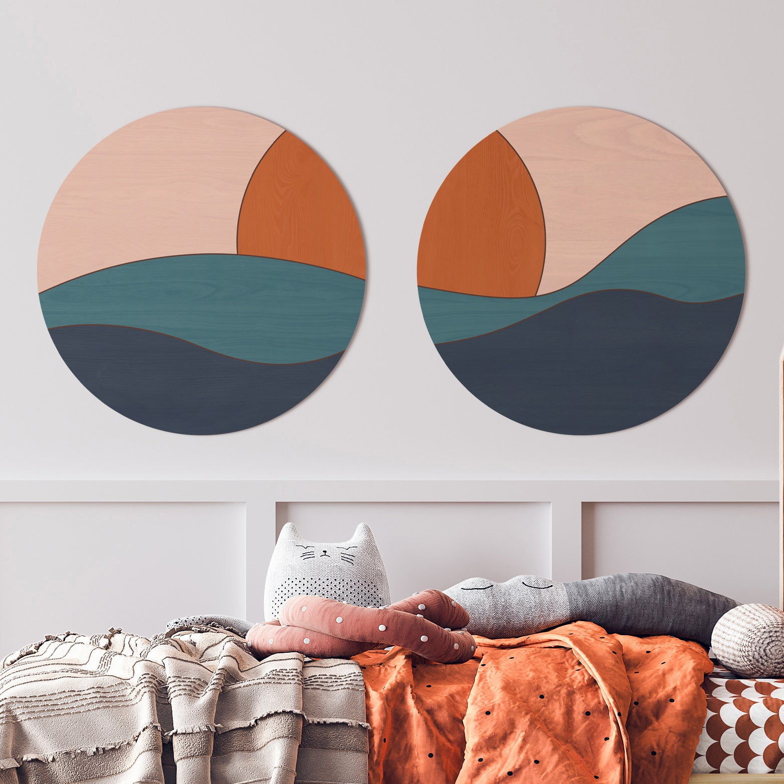 Set of 2 Abstract Round Mountain Wood Wall Hangings Wooden Wall Art