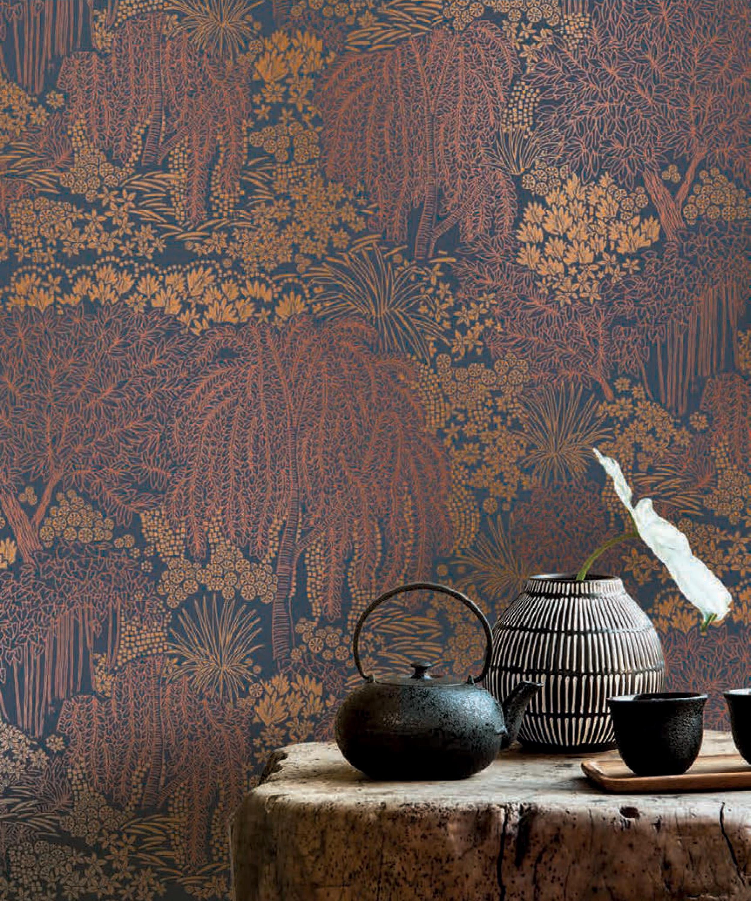 Dark Blue Metallic Garden Tropical Wallpaper, Double Roll, 57 sqft