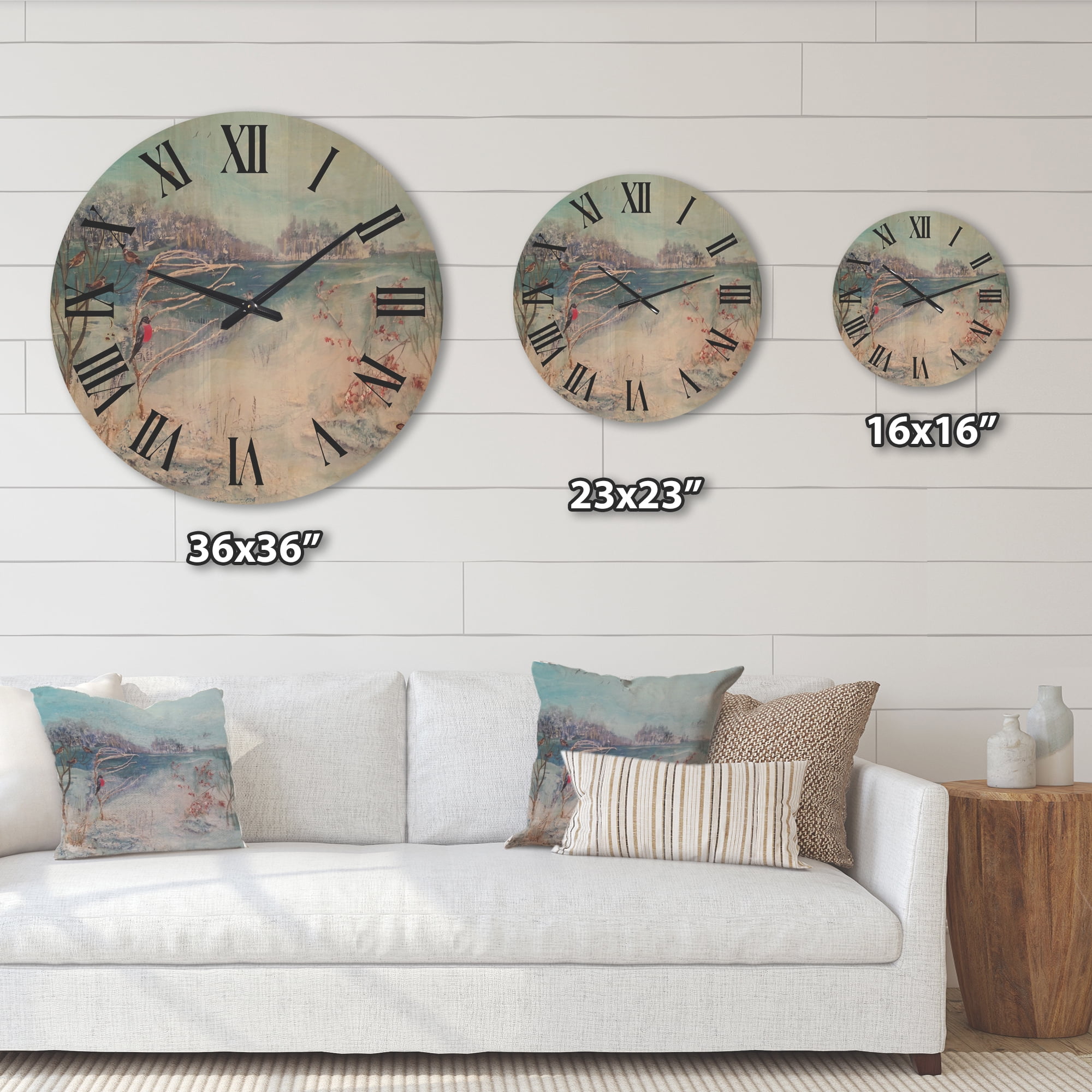 Designart 'Birds and Winter Trees By River' Lake House Wood Wall Clock