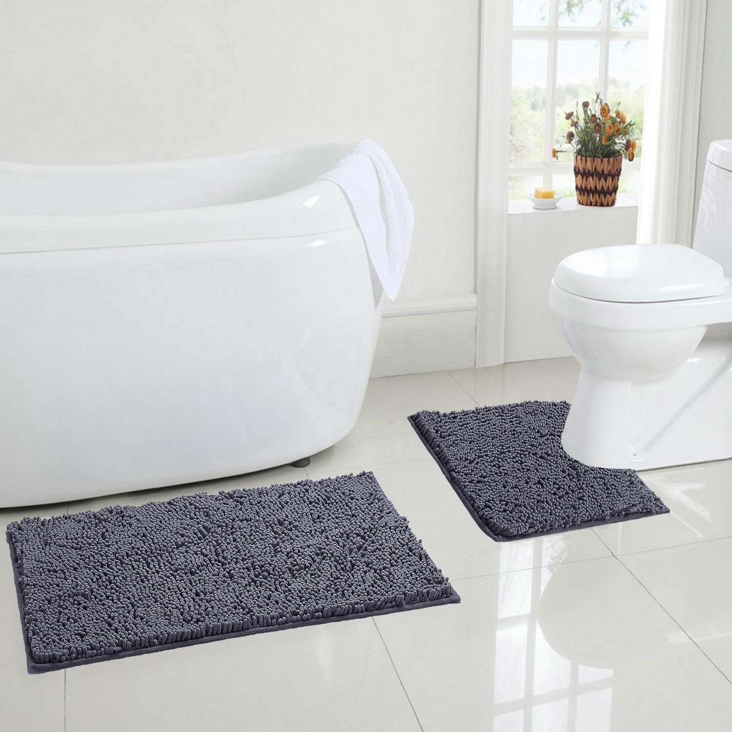 Bathroom Rugs Sets 2 Piece, Luxury Chenille Bath Mat Set, Soft Plush Anti-Slip Bath Rug + U-Shaped Toilet Mat. Microfiber Shaggy Carpet, Super Absorbent. (30''x 20'' Plus 20'' x 20'' U, Dark Grey) - image 4 of 8