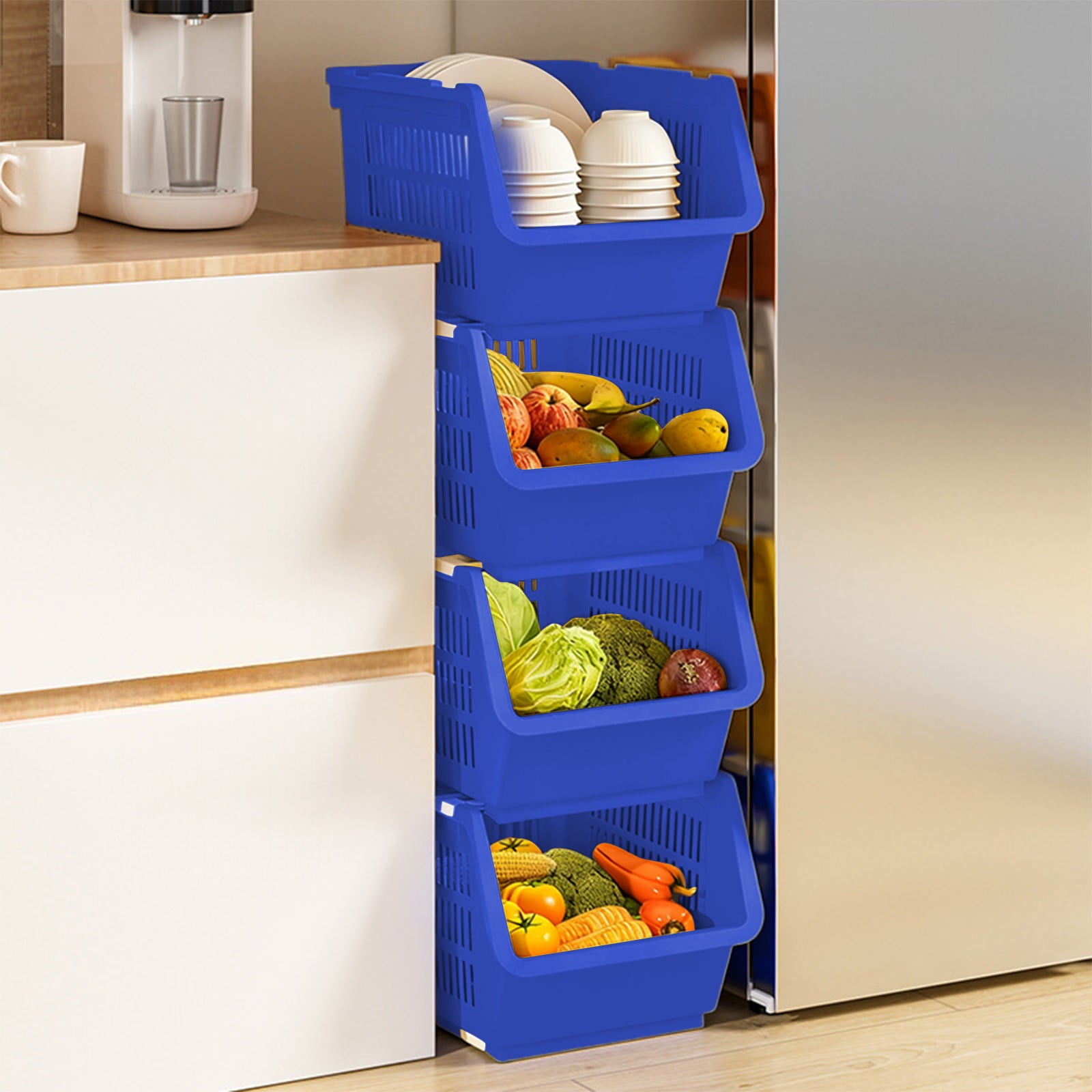 3 Pack Stackable Storage Baskets, Large Capacity Stackable Storage Bins Open Front, Space Saving Home Organization for Kitchen Bedroom Office
