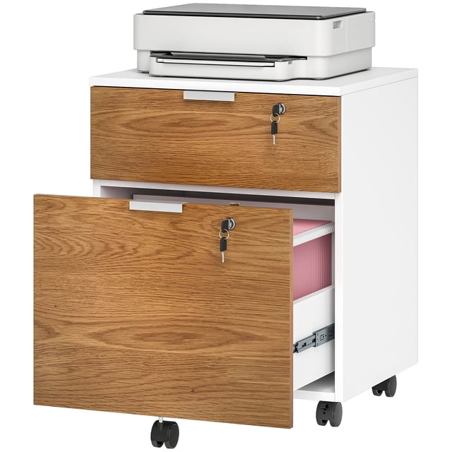 Lockable 2-Drawer Filing Cabinet - White & Nature Wood Office Storage with Wheels & Adjustable Bars - Compact Printer Stand for Home & Office Use - 18.9" x 15.7" x 23.6"