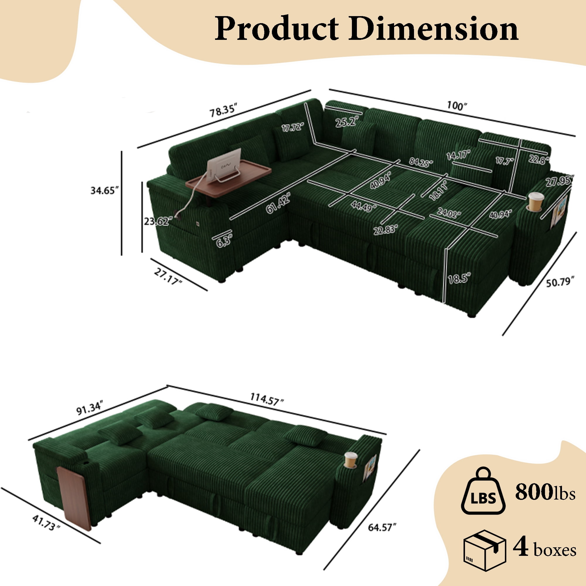 Howcool 100" Oversized Sleeper Sectional Sofa with Pull-Out Bed,U-Shape Corduroy Modular Sofa Couch with USB Ports & Storage,Green