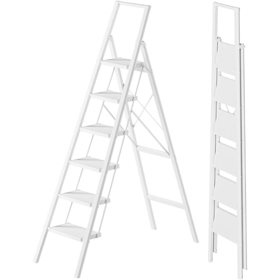 6 Step Ladder, Anti-Slip and Foldable Step Ladder for Adults to Use in Kitchen, Closet and Library,300lbs(White)