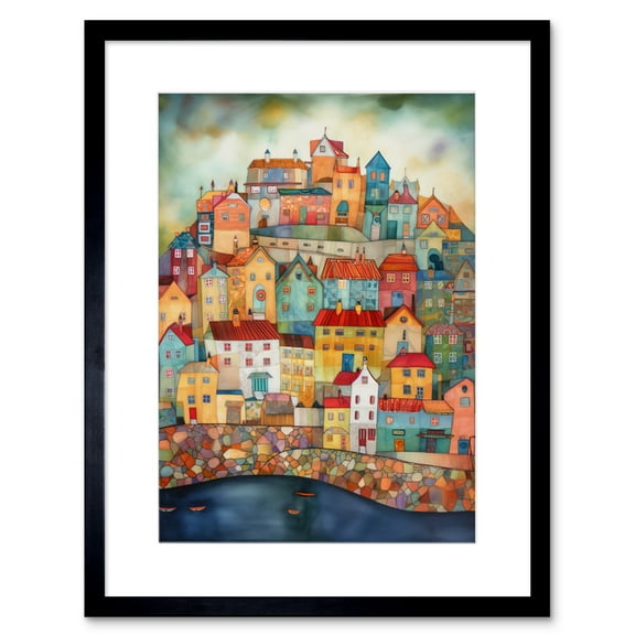 Home By The Sea Folk Art Artwork Framed Print Wall Art 9X7 Inch