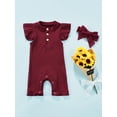 thumbnail image 2 of Chollius Newborn Baby Girl Ruffle Romper Fly Sleeve Ribbed Solid Color Button Decoration One Piece Jumpsuit Bow Headband Summer Outfits, 2 of 8