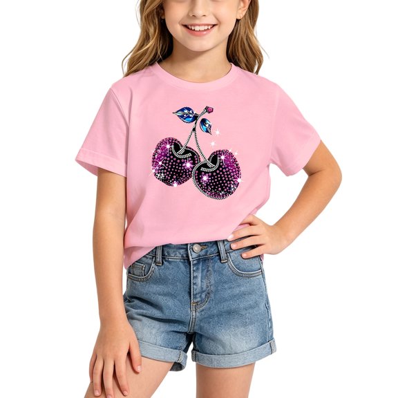 QHFBli Little Girls Cherry Rhinestone Print T-Shirt, Soft Breathable Crew Neck Loose Fashion Short Sleeve Top for Daily Outdoor Wear 6-8 Years