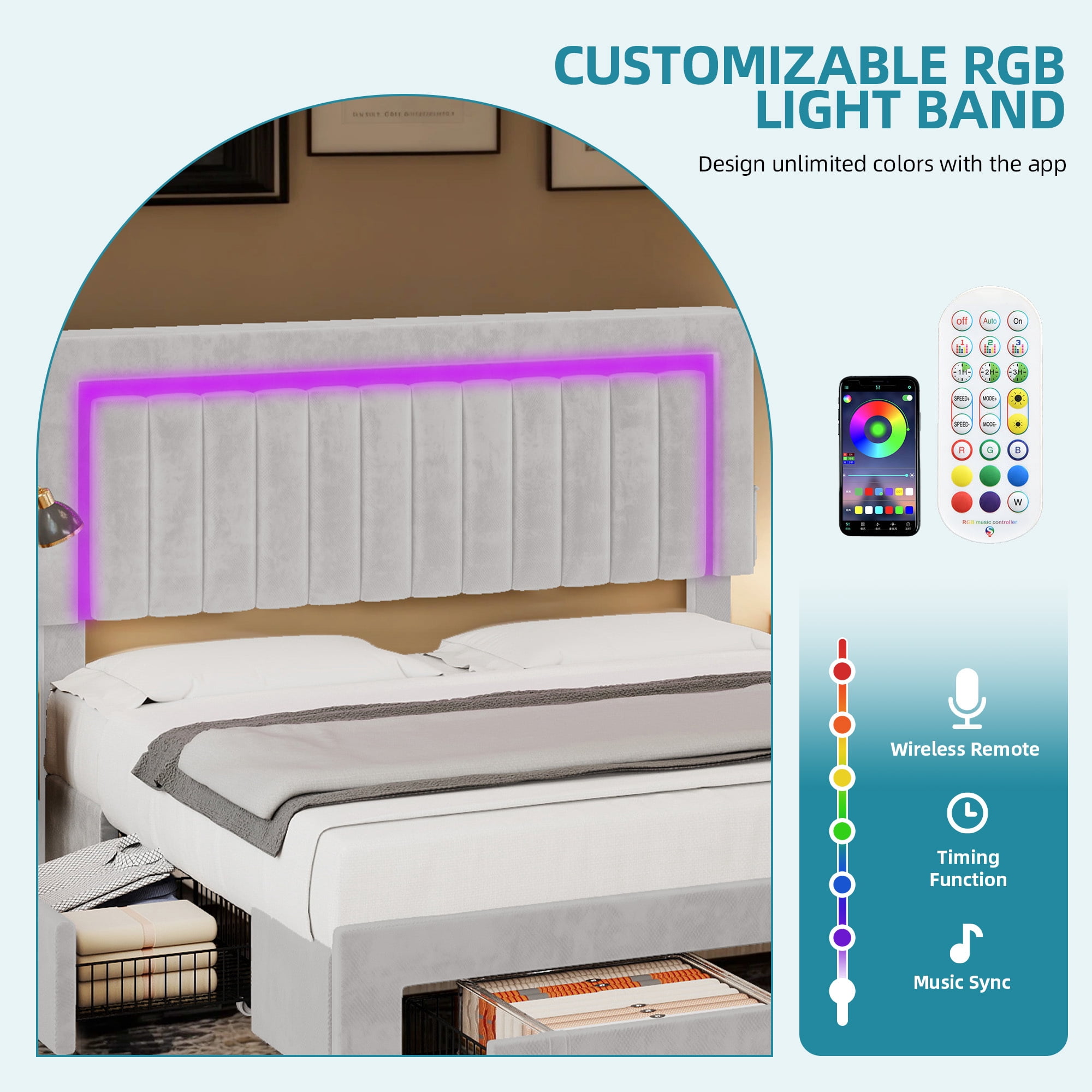 Uforic Queen Size White Velvet Upholstered Platform Bed Frame with RGB LED Lights, 4 Storage Drawers & USB Ports