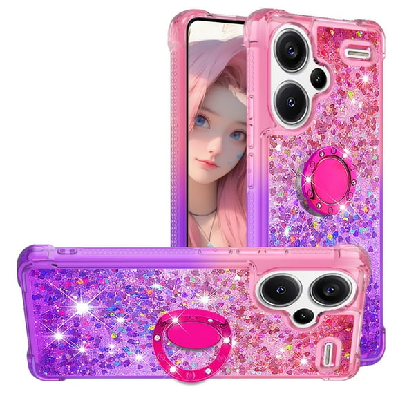CCSmall for Xiaomi Redmi Note 13 Pro Cute Case with Kickstand, Liquid Glitter Sparkle Bling Phone Case Gradient Floating Quicksand Cover for Redmi Note 13 Pro Plus 5G JB Pink Mauve
