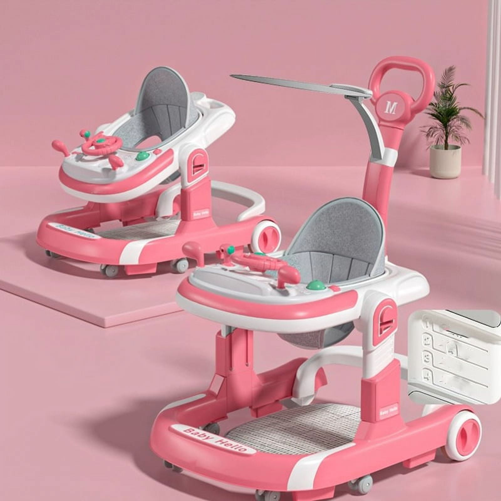 Canming Multifunctional Baby Walker Pink with Music Tray, Push Handle, Sun Canopy, Foot Mat