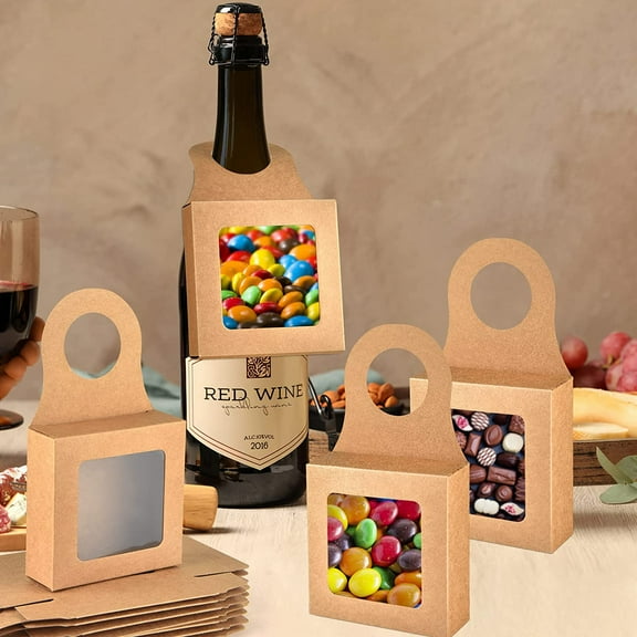 30 Pieces Kraft Paper Bottle Hanger Favor Box for holding Candy Truffles Chocolate Cookies  Wine Bottle Box with Window Hanging Foldable Wine Boxes Gift Boxes Empty Wine Bottles for Decor(Kraft)