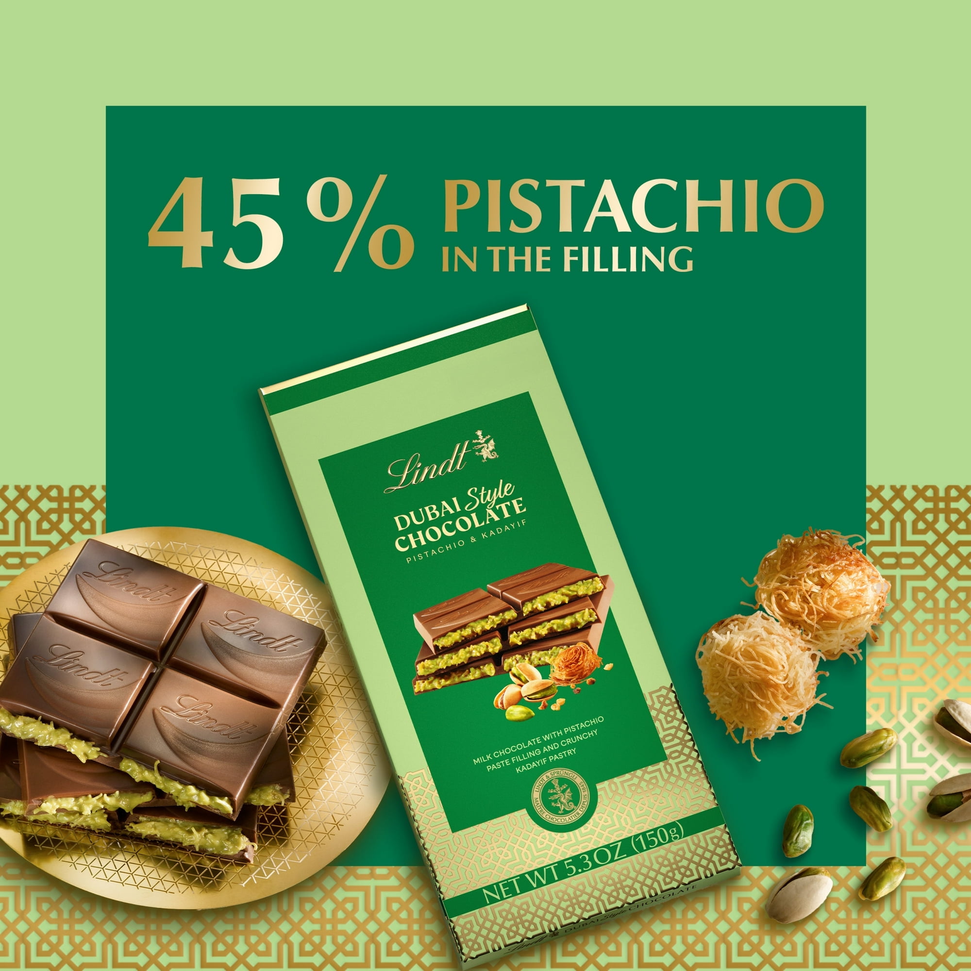 Lindt Dubai Style Chocolate 5枚入り Lindt Dubai Style Milk Chocolate Candy with Pistachio & Kadayif