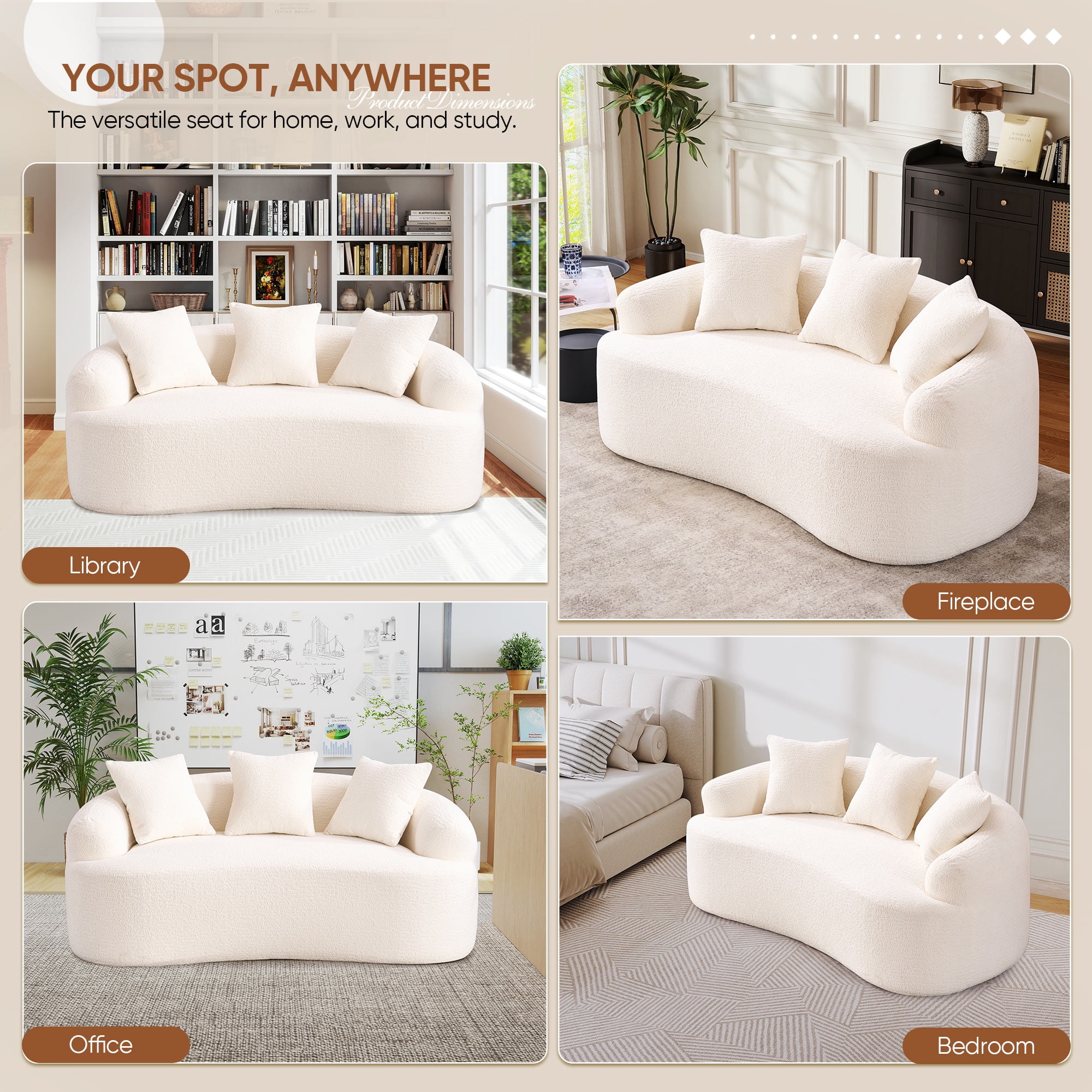 Timbernest 65" Cloud Couch 2 Seater Curved Compressed Sofa Chenille Loveseat, Small Space, 2 Throw Pillows, White