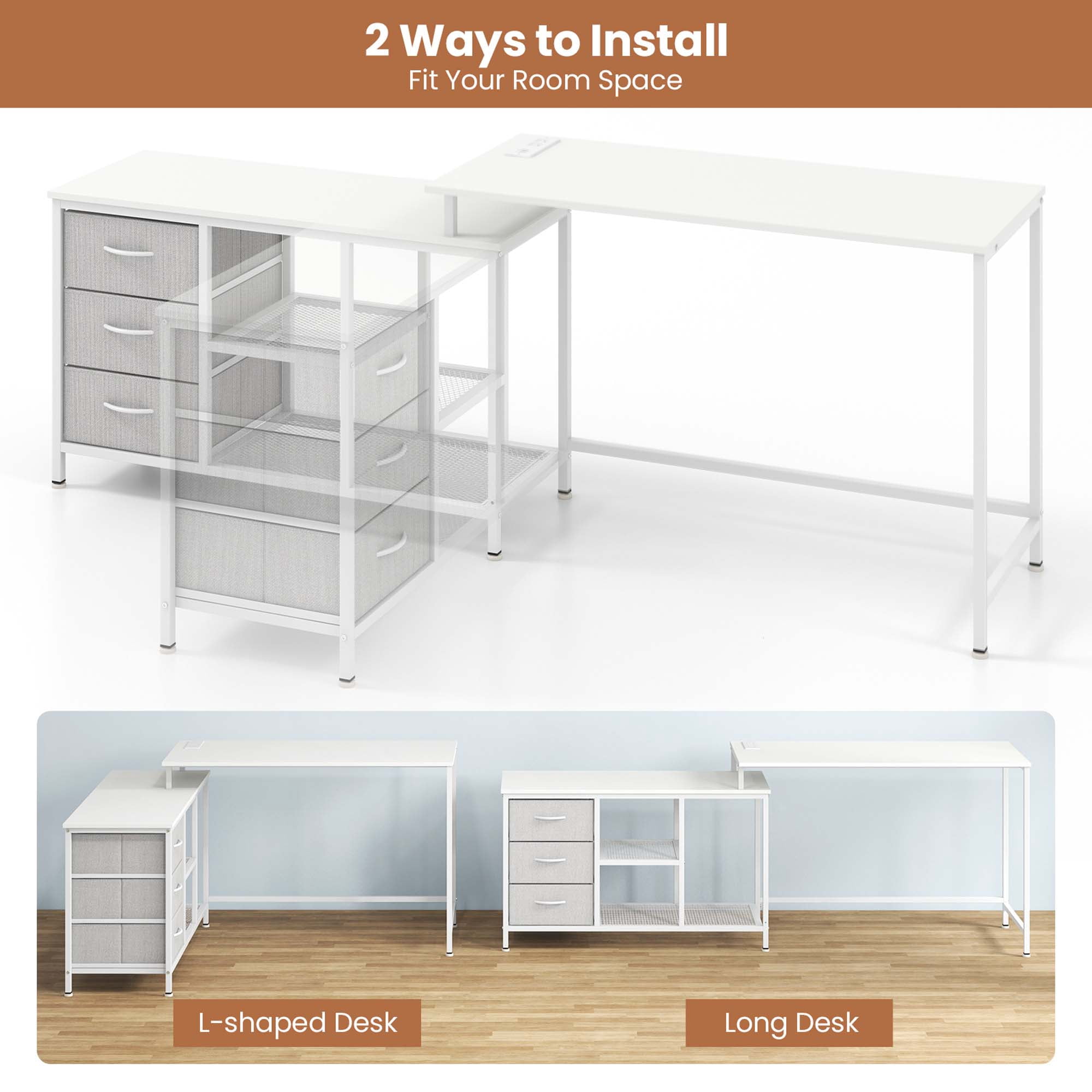 Costway L-shaped Computer Desk with Power Outlet, Fabric Drawers, Metal Mesh Shelves White