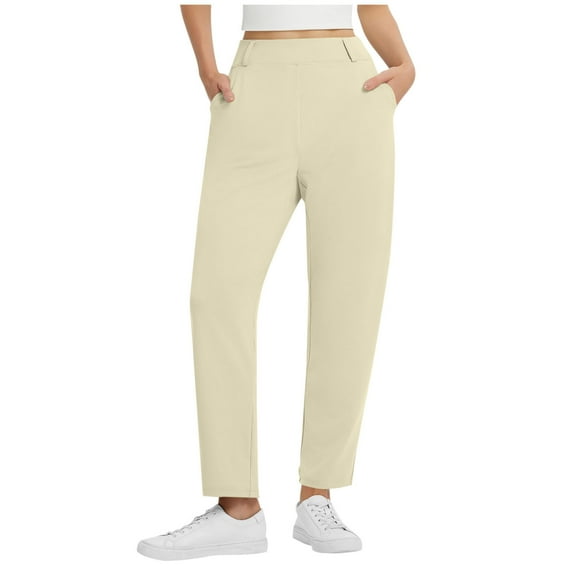OGLCCG Womens Business Casual Pants Elastic High Waisted Stretch Straight Leg Pants with Pockets Solid Color Pull On Golf Work Trousers,XL,Beige