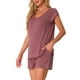 thumbnail image 4 of Conjunto de lounge de 2 piezas para mujer INSPIRE CHIC, suéter de punto, camiseta de manga corta y pantalones cortos, conjunto de pijama en rojo vino, 4 of 5