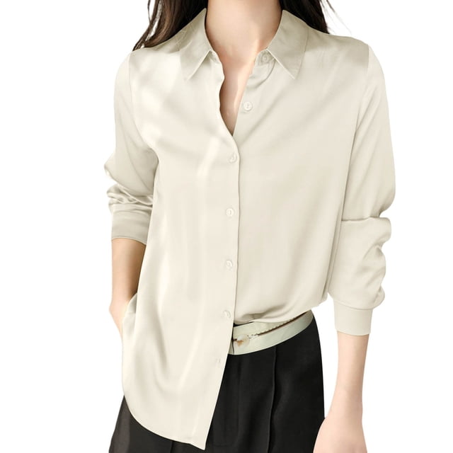 Blusa de satén de seda con botones para mujer - Manga larga, cuello en V, corte holgado, camisa informal para la oficina
