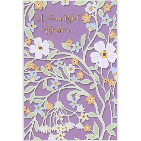 Designer Greetings A Beautiful Easter: White, Orange and Blue Flowers on Winding Vines Package of 8 Easter Cards
