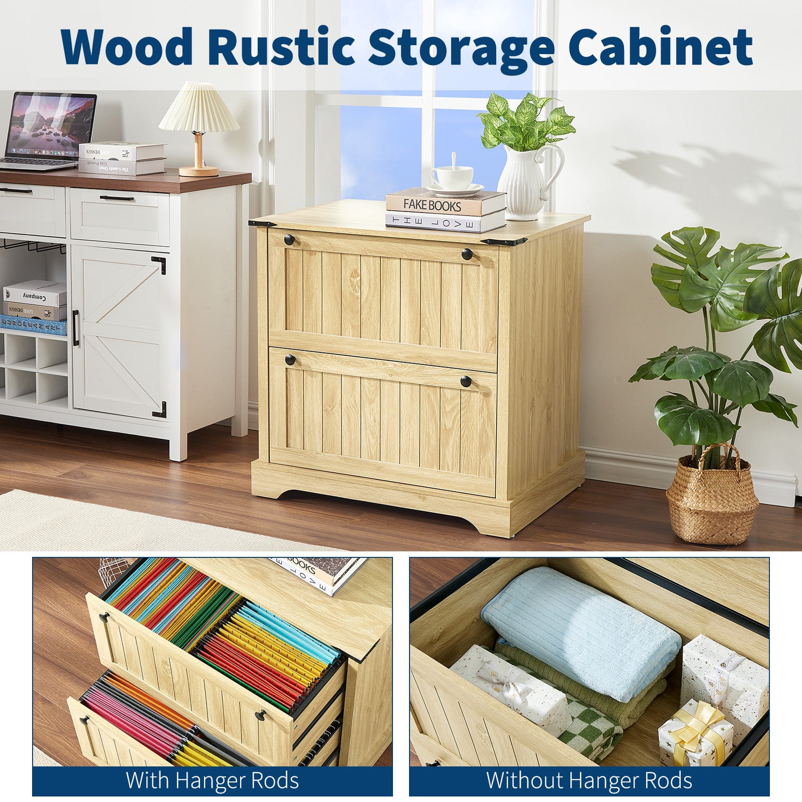 2 Drawer Farmhouse File Cabinet with Hanging File Folders for A4/Letter/Legal Size Documents ,30" Wood Lateral Filing Cabinet for Home Office,Large File Storage Printer Stand