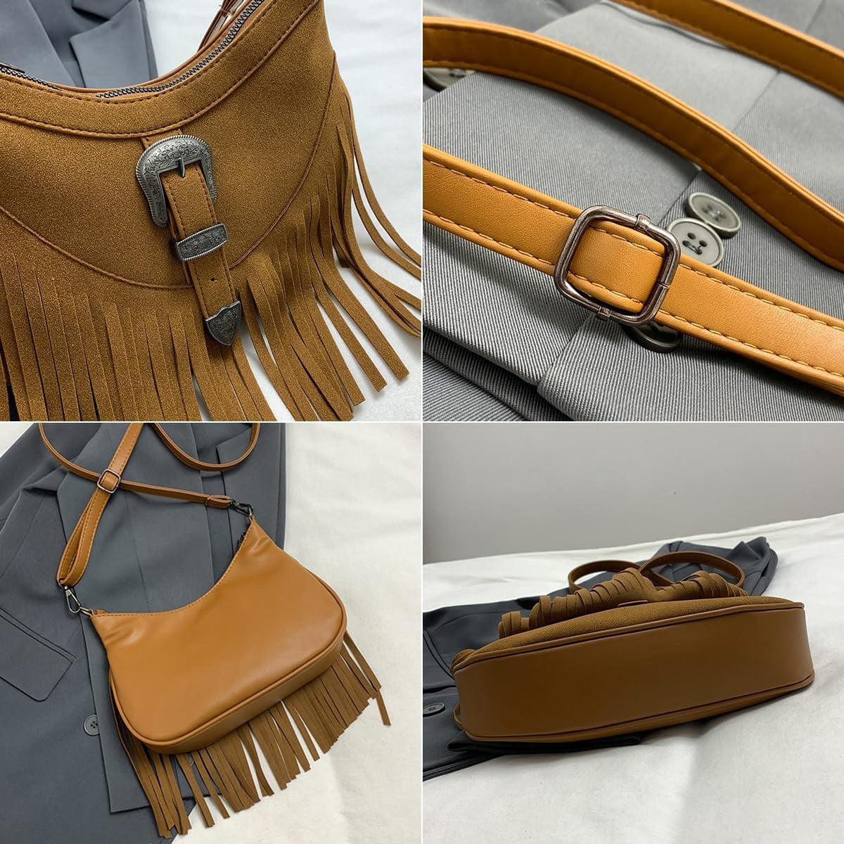 Women Fringe Hobo Bag Faux Suede Shoulder Bag Retro Crossbody Bag Boho Purse with Adjustable Strap