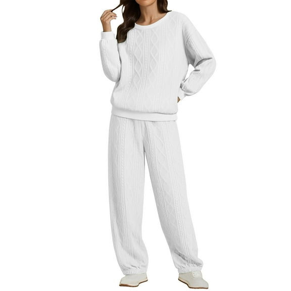 Sweater Sets for Women 2 Piece Cable Knitted Lounge Outfits Long Sleeve Crewneck Pullover and Jogger Pants Loose Fit (XL, White)