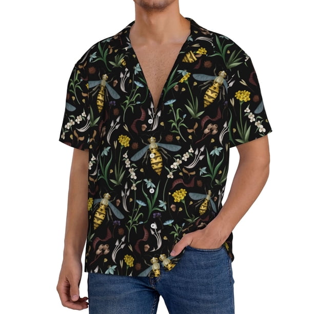 Balery Wasp and Florals Camisa Casual de Manga Corta con Botones para Hombre, Texturizada, Estilo Cubano, para Playa, Verano-4X-Large