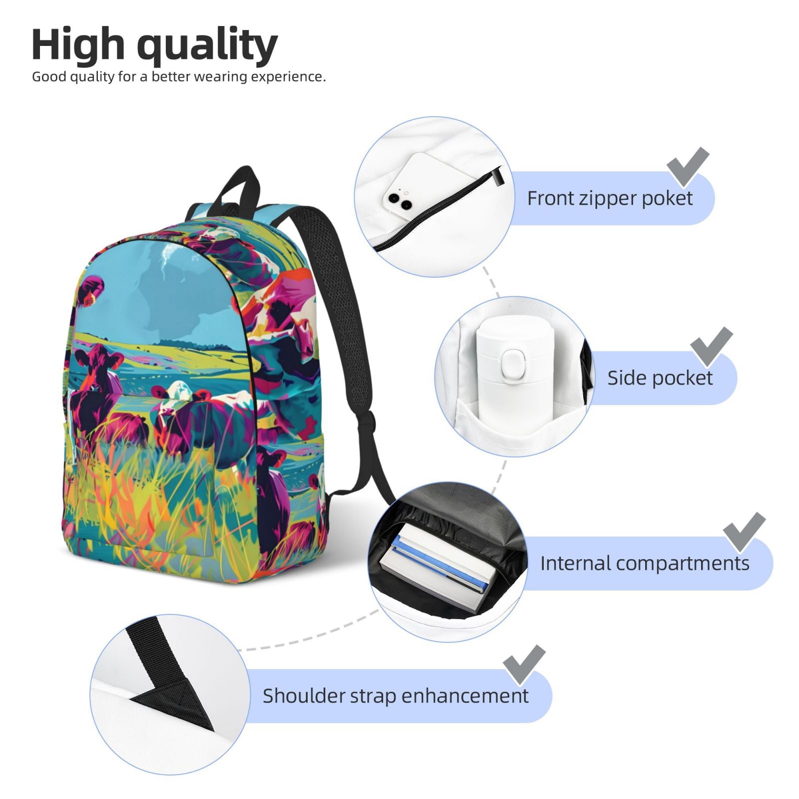 Picia Pop Art Colorful Cows Printed Canvas Daypack - Stylish and Durable Vintage Compact Backpack - Class, Work, Travel, or Laptop Bookbag,Organized Compartments-Medium