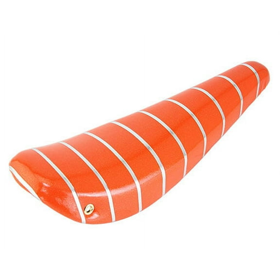 16" Bike Banana Saddle Sparkle Orange with Silver Stripe. Banana seat for 16" bikes. Bicycle part for lowrider, BMX, cruiser, bike part.