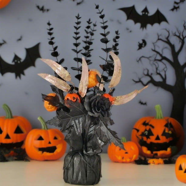 Decoraciones de Halloween, adornos de Halloween, regalos de Halloween, decoraciones de calabaza de Halloween negras, flores artificiales de interior, tallos de eucalipto, centros de mesa, árboles de p