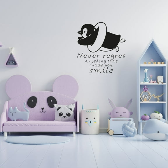 Never Regret Anything That Made You Smile Quote Cute Chubby Little Penguin Decor Vinyl Wall Art Wall Sticker Wall Decal Home Kids Nursery Room Study Room Boys Girls Wall Decor Design Size (40x40 inch)