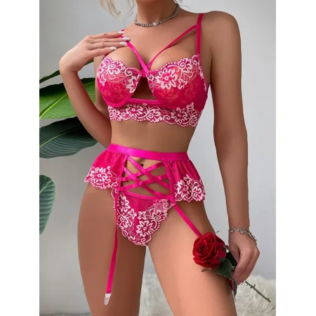 

Sexy Floral Lace Lingerie Set Lace Trim Semi-sheer Strappy Criss Cross Bra & Garter Thong Women‘s Sexy Lingerie & Underwear
