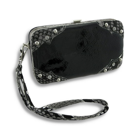 Zeckos Glossy Vinyl iPhone 5/5s Wallet Wristlet with Snakeskin Trim - Black - Size Small