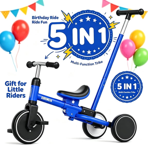 KORIMEFA 5 in 1 Toddler Bike with Parent Push Handle for Ages 2-4 Years Old Boy Girl Toddler Tricycle Kids Balance Bike Baby Tricycle,Blue