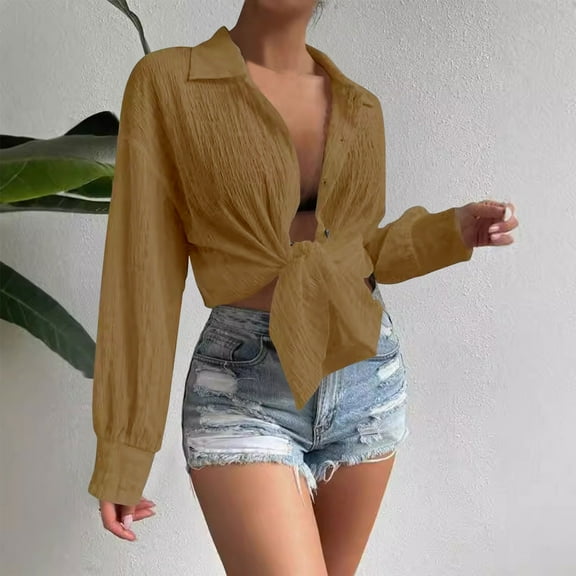 Ahabrexf Womens Shirts Casual Women's Solid Color Long Sleeved Button Sunscreen Shirt Long Womens Shirts Long Womens Shirts