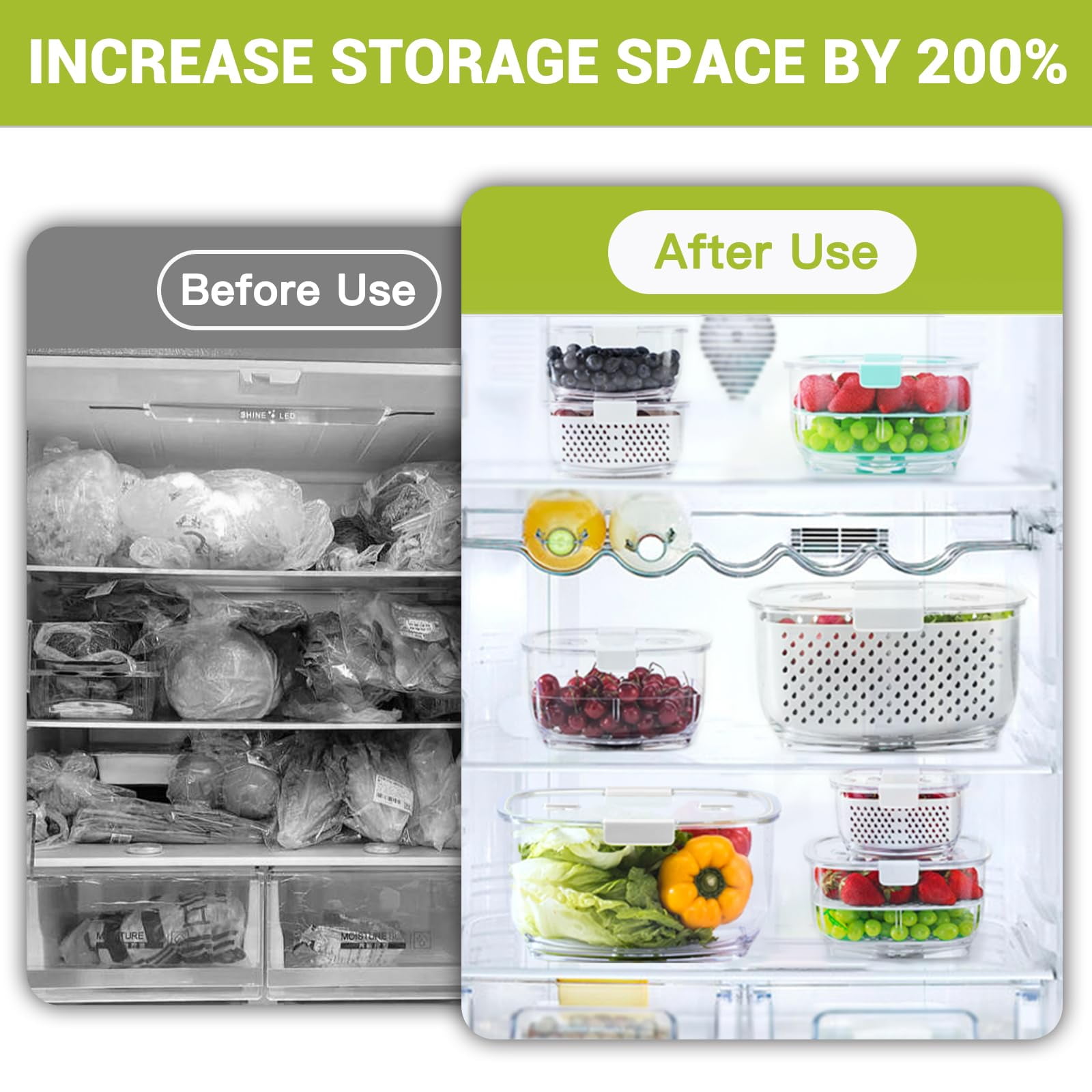 USIONE 3-Piece Fresh Produce Storage Containers - Partitioned Fridge Organizers for Fruits & Vegetables, White