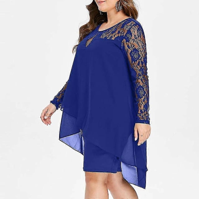Fashion Women Casual Plus Size Sheer Lace Sleeve High Low Hem O-Neck Swing Dress 240561