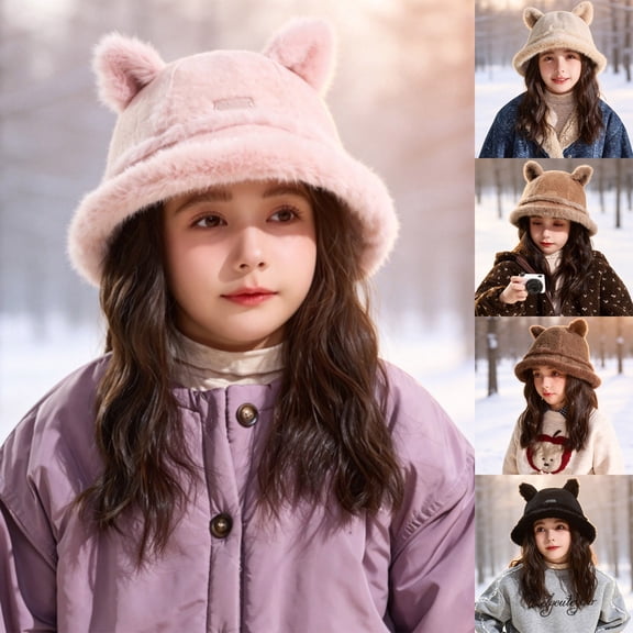 Ferjadq Kids Fuzzy Fleece Cat Ear Bucket Hat Short Brim Cute Winter Fisherman Cap for Toddler Girls Multi Tone Beige,2-8 Years