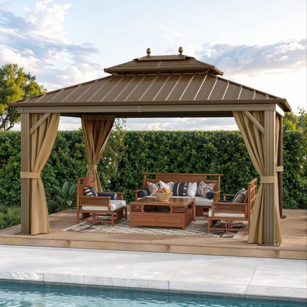 Dextrus 10'x12' Hardtop Gazebo with Nettings & Curtains,Heavy Duty Double Roof Galvanized Steel Canopy, Sunshade for Garden, Patio, Lawns, Bronze