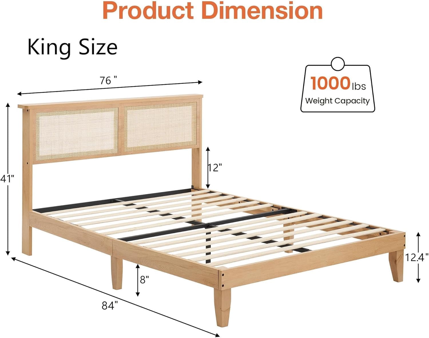 Eastvita King Size Bohemian Rattan Platform Bed Frame - Natural Headboard, LED Lights, Solid Wood Silent Slats