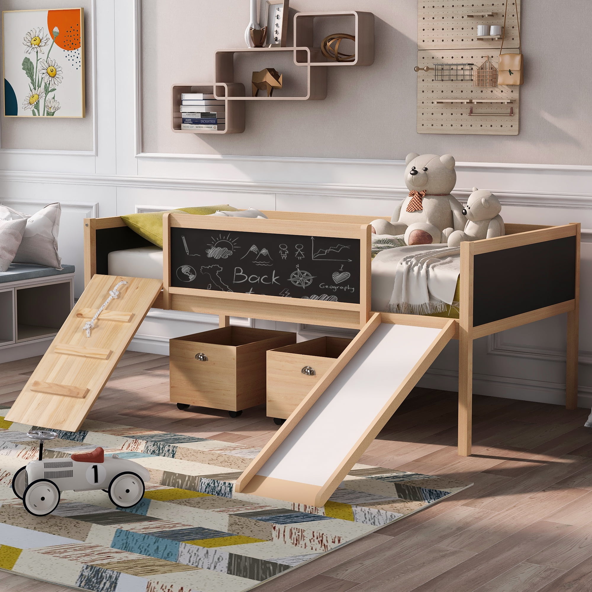Gewnee Twin Size Wood Loft Bed with Slide,Climbing Frame,Two Movable Drawers and Chalkboard for Kids,Natural