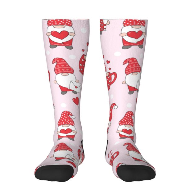 Fotbe Valentine Gnomes Calcetas Divertidas Estampadas para Hombre y Mujer, Calcetas de Algodón hasta la Rodilla para Caminar, Correr, Enfermería y Embarazo
