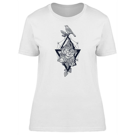 Birds & Roses Geometric Line Art T-Shirt Women -Image by Shutterstock, Female Large