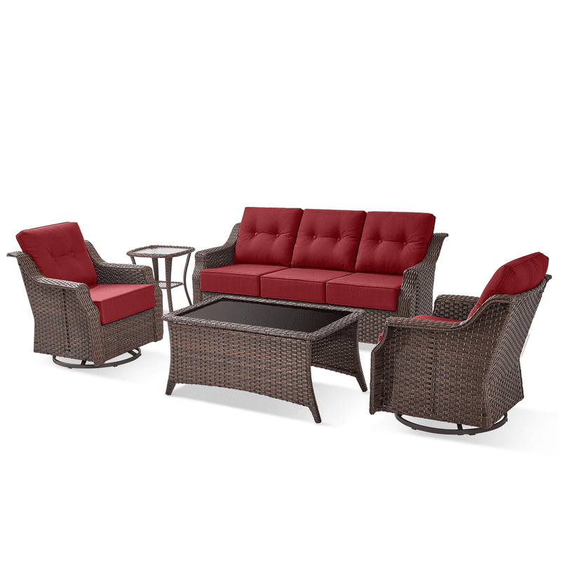 PARKWELL 5 Pieces Outdoor Patio Furniture Set,Luxury 6" Thick Conversation Set with Swivel Glider Chairs,All-Weather Seating Furniture Set for Backyard Deck, Brown/Red