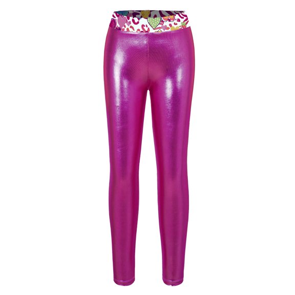 YONGHS Girls' Metallic Shiny Stretch Leggings Yoga Pants Gymnastics Dance Athletic Tights Trosuers Hot Pink 4