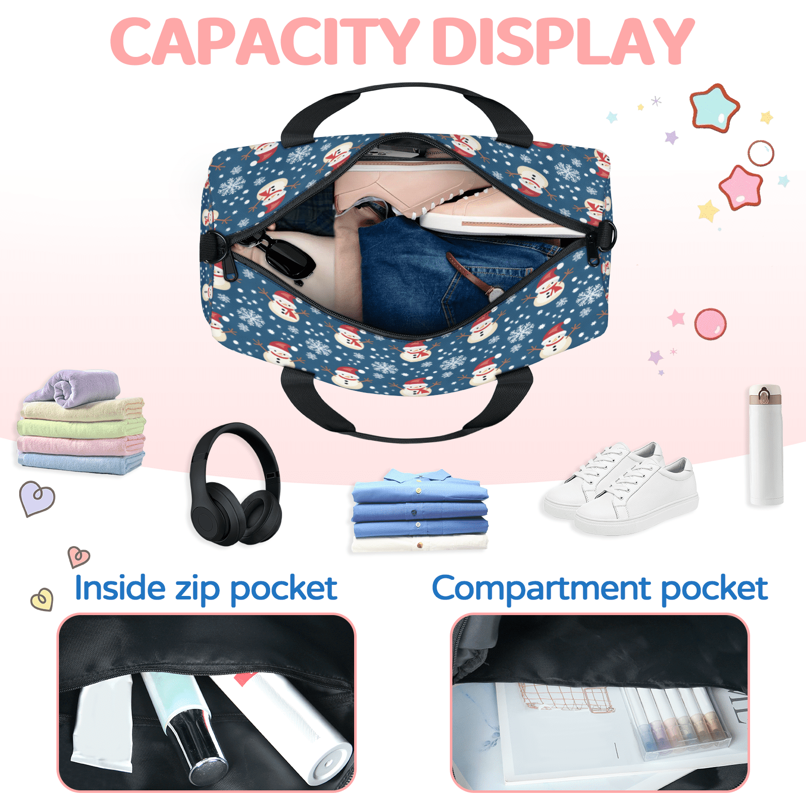 Herdesigns Christmas Snowman Gym Bag for Women, Duffle Bag for Travel Sport, Snowflake Lightweight Waterproof Carry on Weekender Dance Yoga Workout Bags