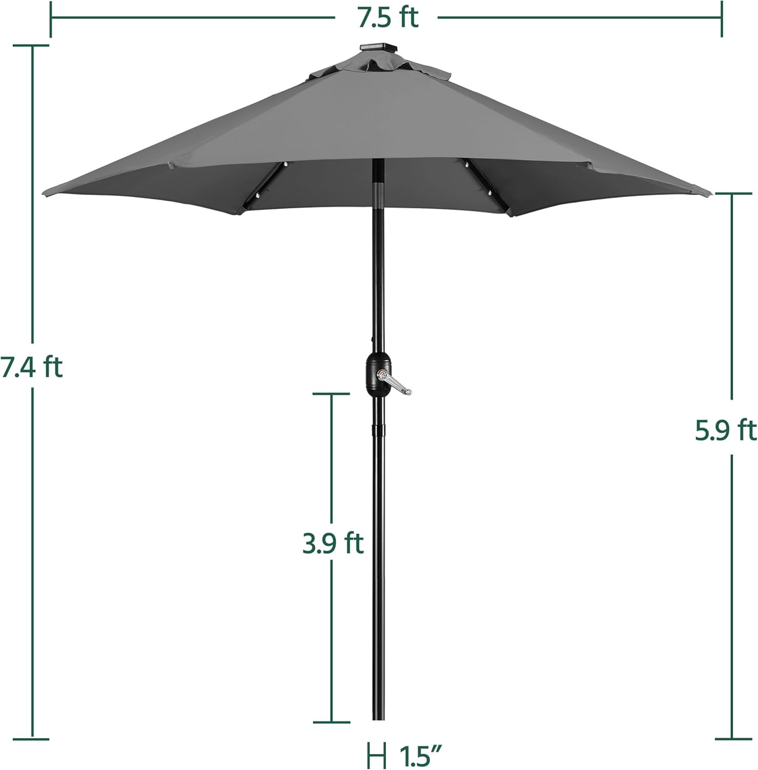 7.5 ft Solar LED Patio Umbrella with Tilt and Crank, Market Style Sunshade for Outdoor Use, Grey