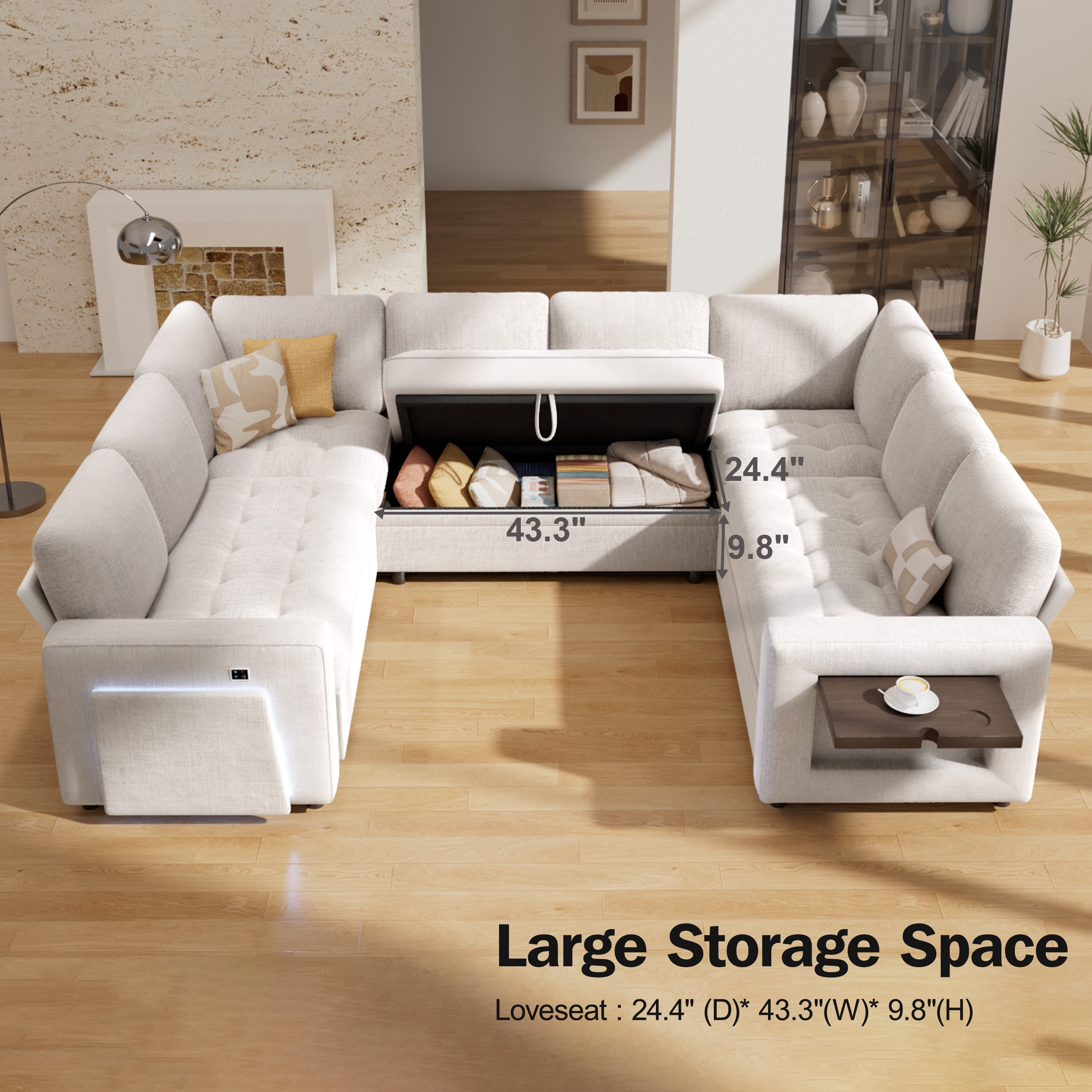 8-Seat U-Shaped Modular Sectional Sleeper Sofa with Pull-Out Bed, Adjustable Reclining Backrest, Storage Seats, USB Ports & LED Lights, Easy Tool-Free Assembly