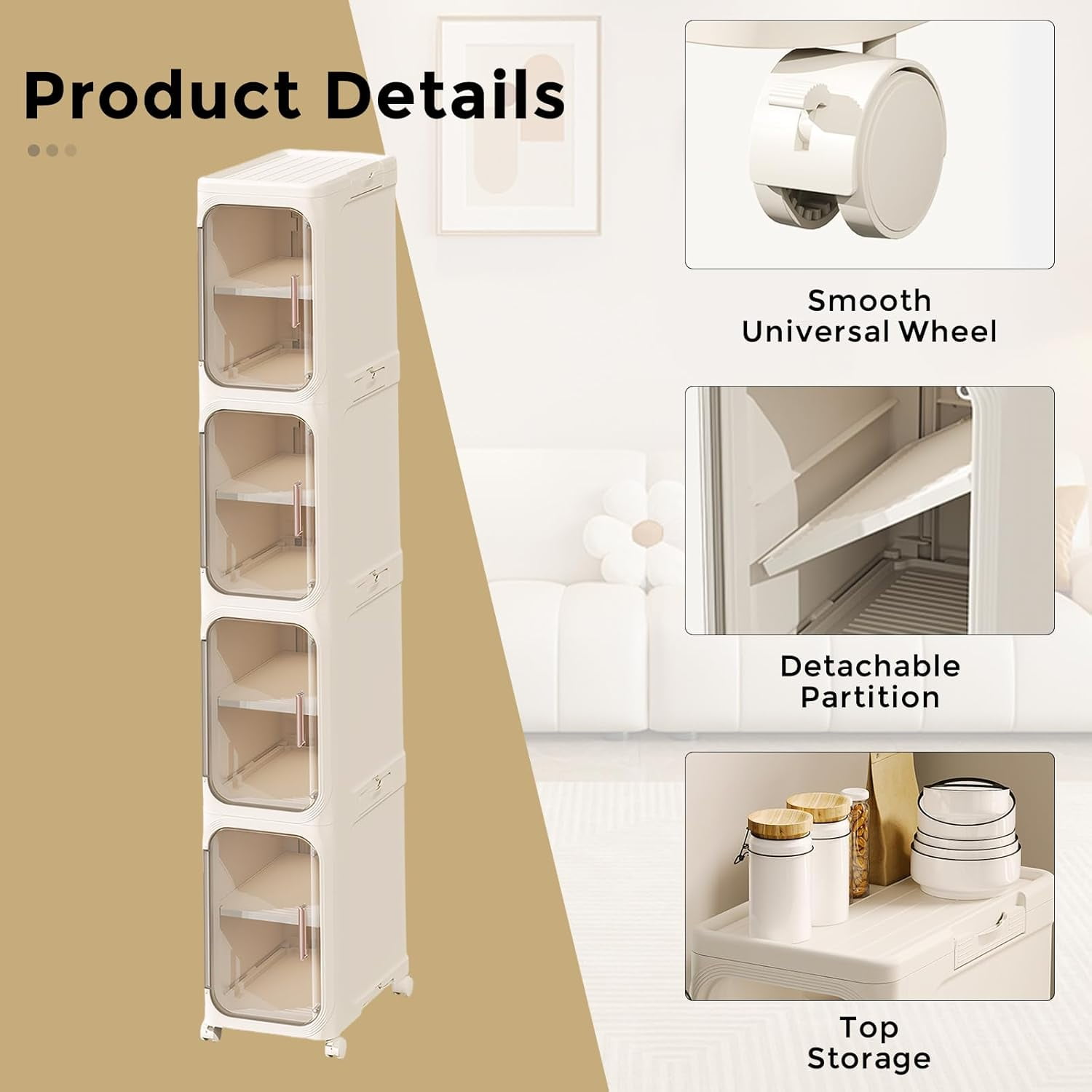 4-Tier Bathroom Storage Cabinet with Wheels, Magnetic Doors, Plastic Slim Bathroom Organizers and Storage for Small Spaces, Kitchen, Cream White