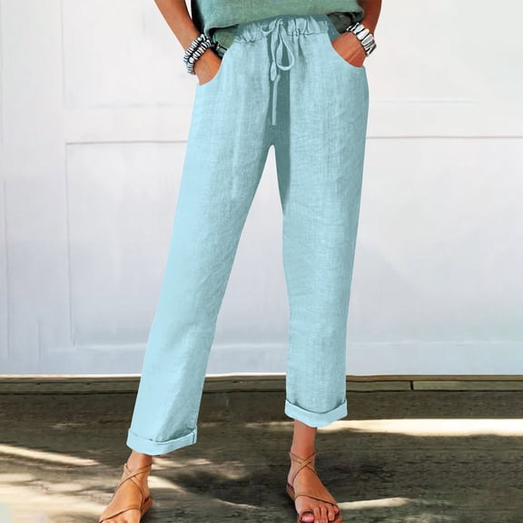 Cagogo Women's Straight Leg Capri Pants with Pockets Elastic Waist Casual Solid Vacation Trousers Summer Beach Cropped Lounge Travel Clothes, Light Blue XL