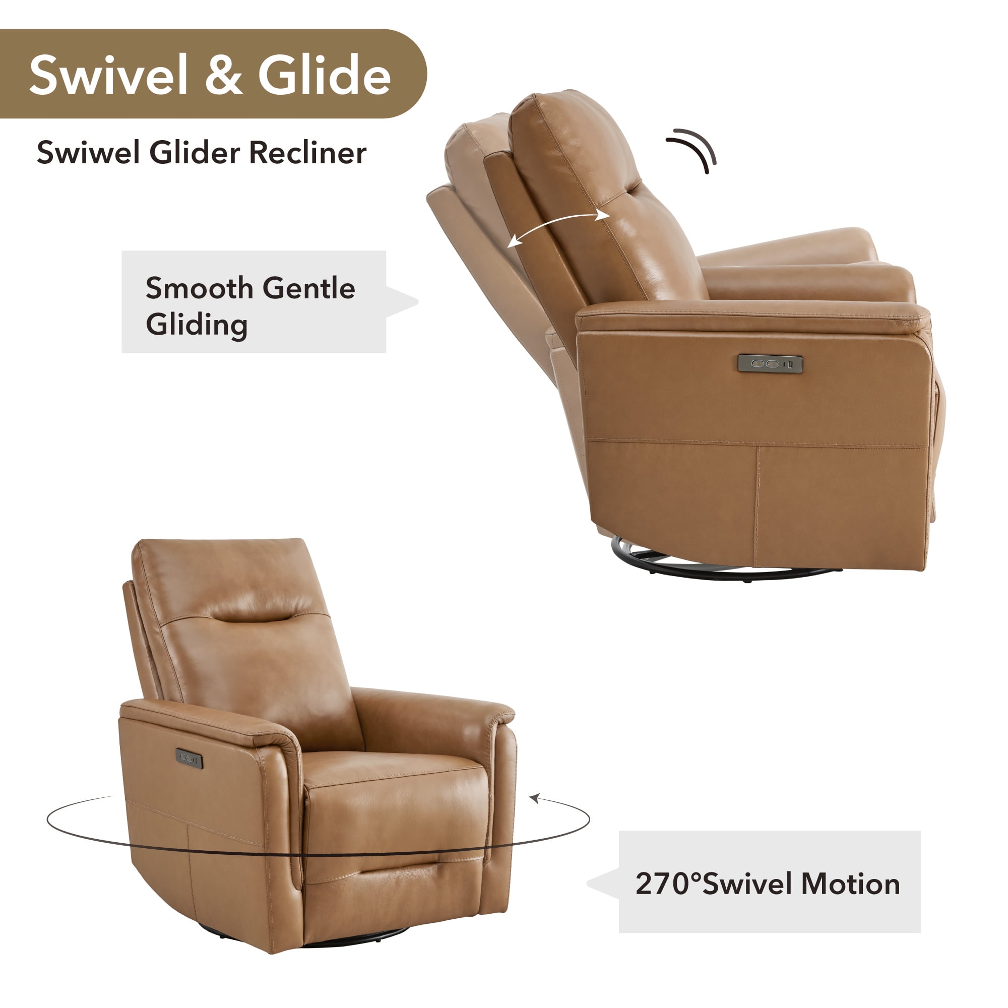 Spruce & Spring Genuine Leather Dual Motor Swivel Glider Recliner Chair, Saddle